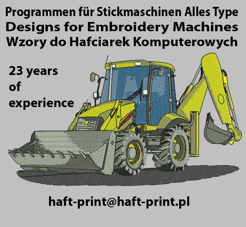 Stickerei stickprogramme stickprogrammierung Maschinenbau Bagger Bulldozer Kran Mähdrescher landwirtschaftliche Maschinen Traktoren wagen autos besticken arbeitkleidung abzeichen schaffen erstellen erstellung